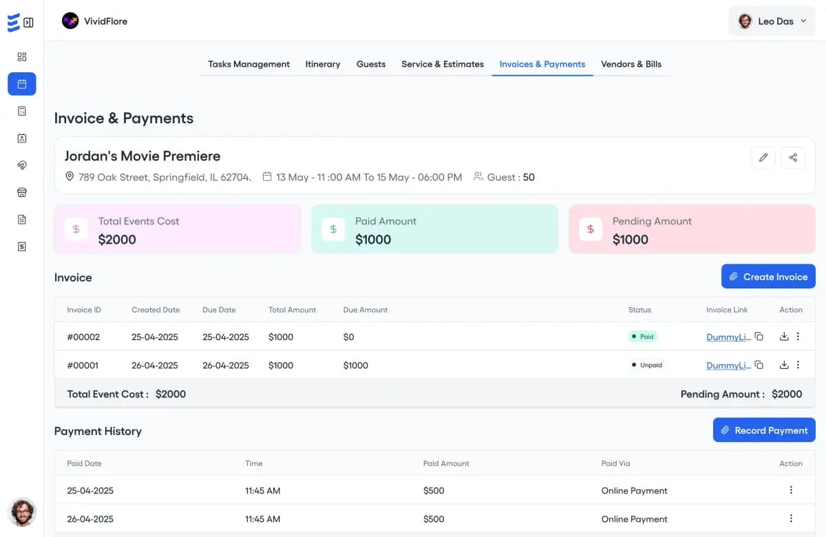 Payment management interface showing invoices, payment status, and financial reports