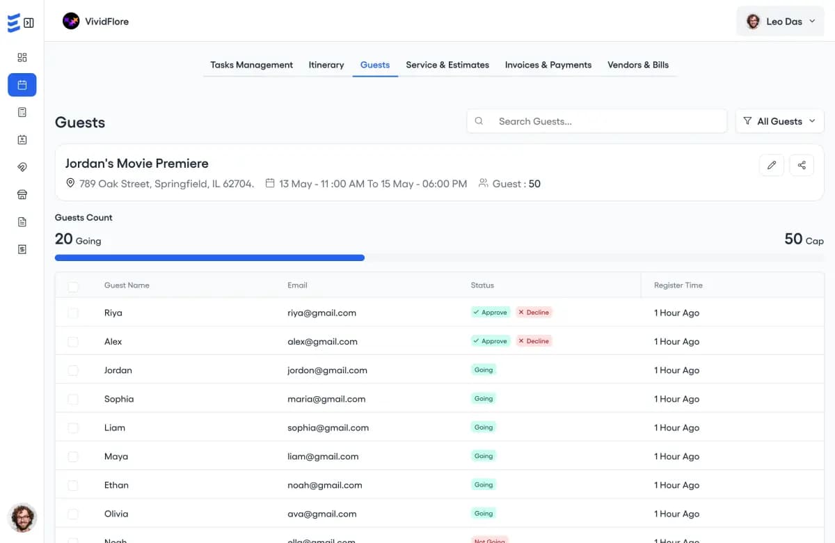 Smart RSVP interface showing guest management, dietary preferences, and automated responses